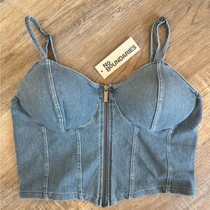 Blue Denim Top Bustier with zipper closure cropped style NWT SZ M No Boundries